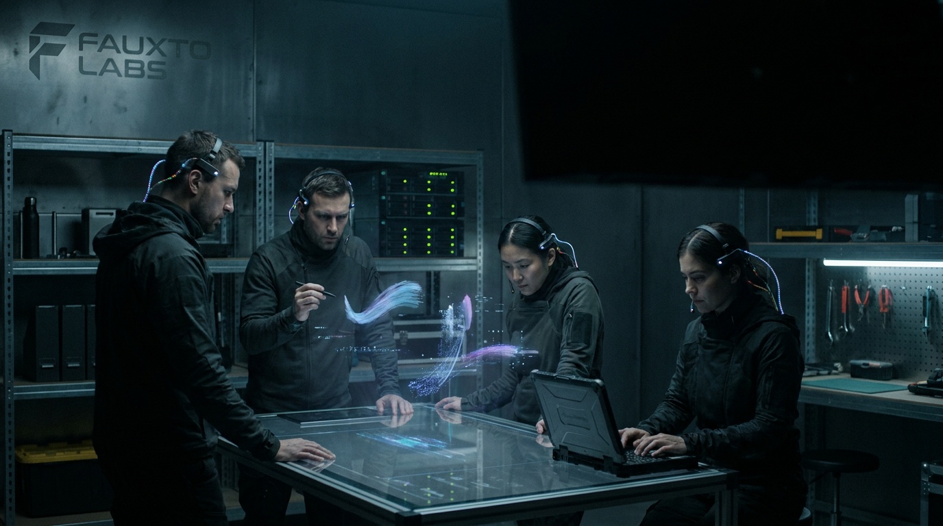 A creative team collaborating in the Fauxto Labs workspace